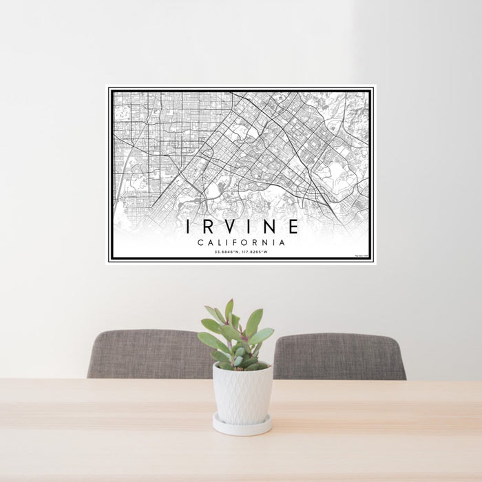 24x36 Irvine California Map Print Lanscape Orientation in Classic Style Behind 2 Chairs Table and Potted Plant