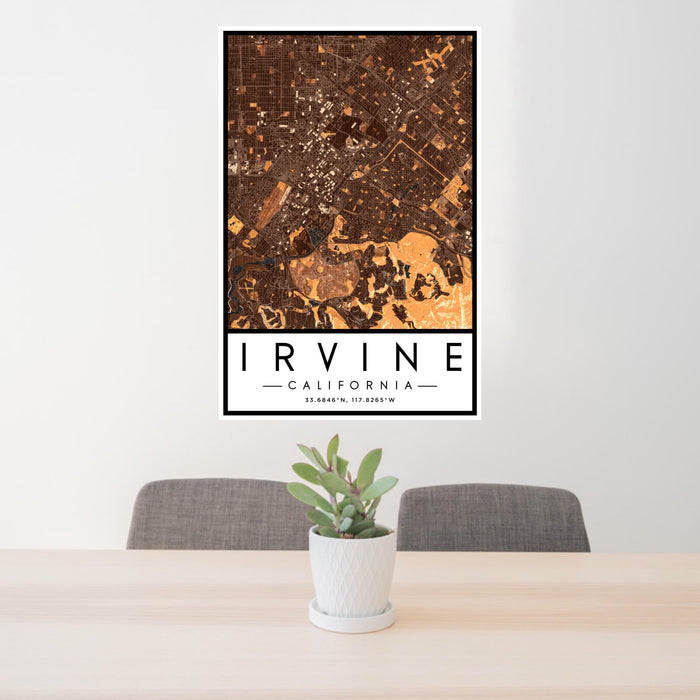24x36 Irvine California Map Print Portrait Orientation in Ember Style Behind 2 Chairs Table and Potted Plant