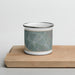 Front View Custom Irvine California Map Enamel Mug in Afternoon on Cutting Board