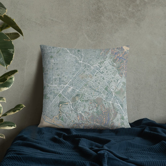 Custom Irvine California Map Throw Pillow in Afternoon on Bedding Against Wall