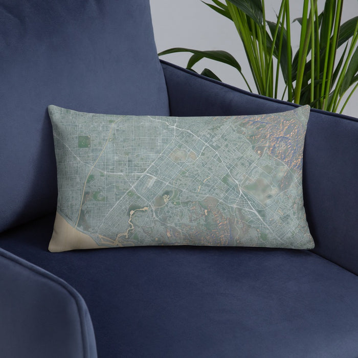Custom Irvine California Map Throw Pillow in Afternoon on Blue Colored Chair
