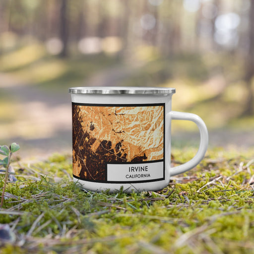 Right View Custom Irvine California Map Enamel Mug in Ember on Grass With Trees in Background