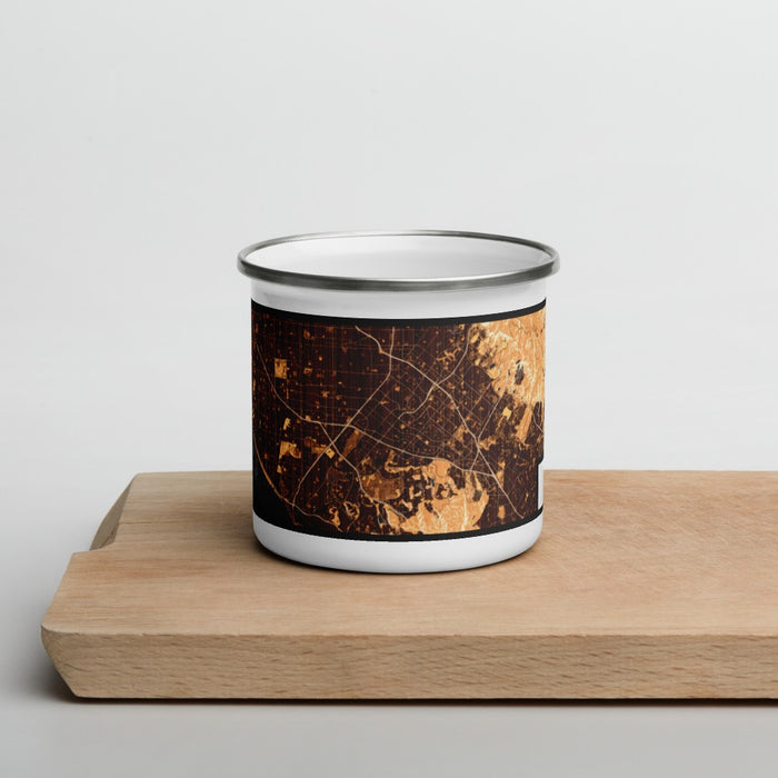 Front View Custom Irvine California Map Enamel Mug in Ember on Cutting Board