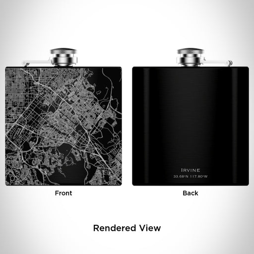 Rendered View of Irvine California Map Engraving on 6oz Stainless Steel Flask in Black