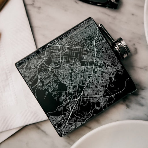 Irvine California Custom Engraved City Map Inscription Coordinates on 6oz Stainless Steel Flask in Black