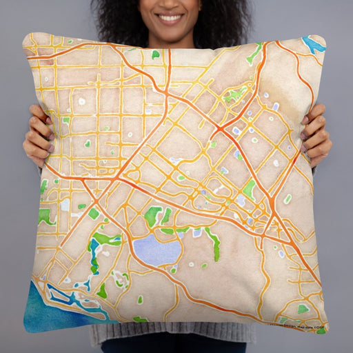 Person holding 22x22 Custom Irvine California Map Throw Pillow in Watercolor