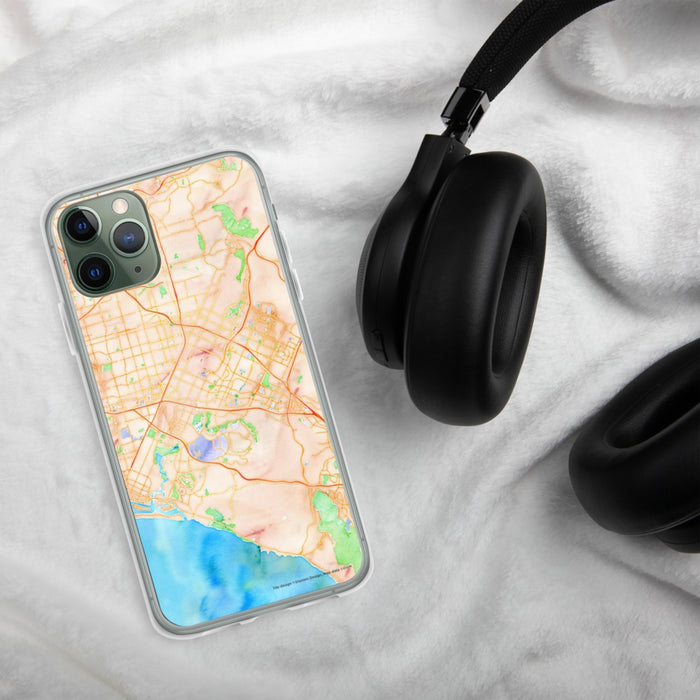 Custom Irvine California Map Phone Case in Watercolor on Table with Black Headphones