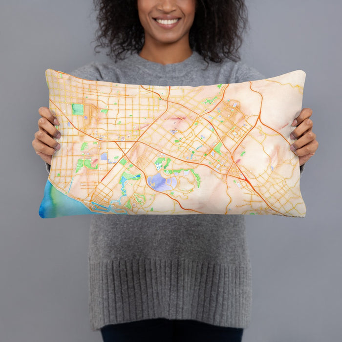 Person holding 20x12 Custom Irvine California Map Throw Pillow in Watercolor