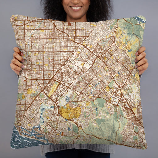 Person holding 22x22 Custom Irvine California Map Throw Pillow in Woodblock