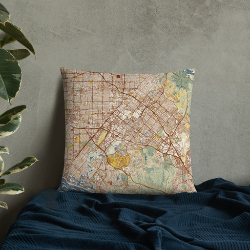 Custom Irvine California Map Throw Pillow in Woodblock on Bedding Against Wall