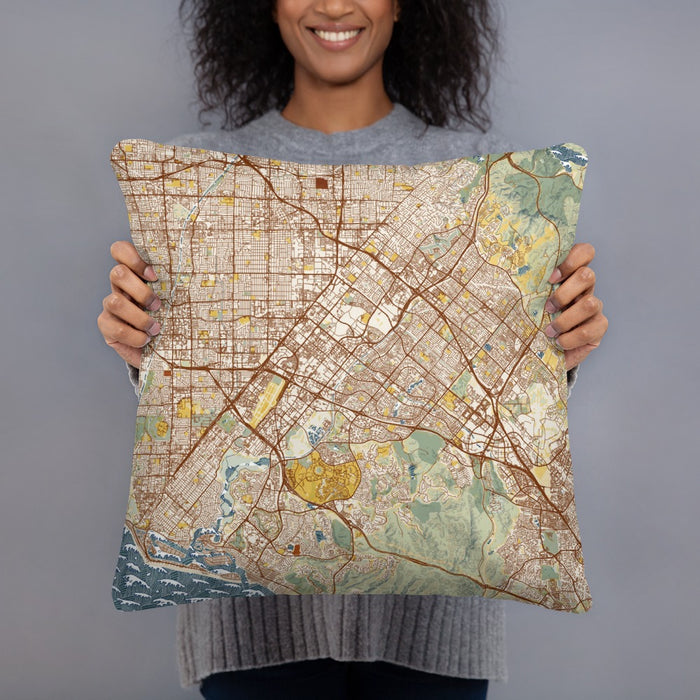 Person holding 18x18 Custom Irvine California Map Throw Pillow in Woodblock