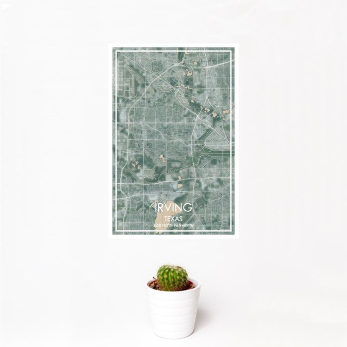 12x18 Irving Texas Map Print Portrait Orientation in Afternoon Style With Small Cactus Plant in White Planter