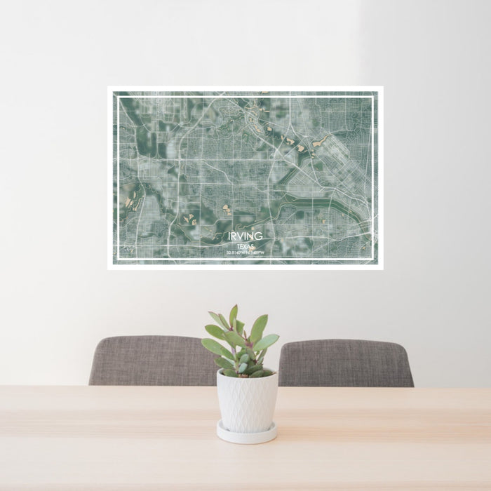24x36 Irving Texas Map Print Lanscape Orientation in Afternoon Style Behind 2 Chairs Table and Potted Plant