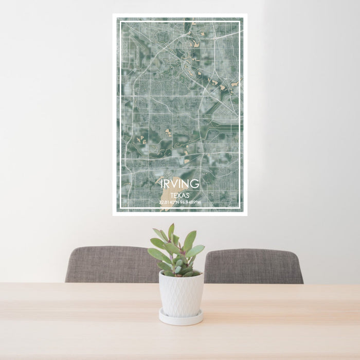24x36 Irving Texas Map Print Portrait Orientation in Afternoon Style Behind 2 Chairs Table and Potted Plant
