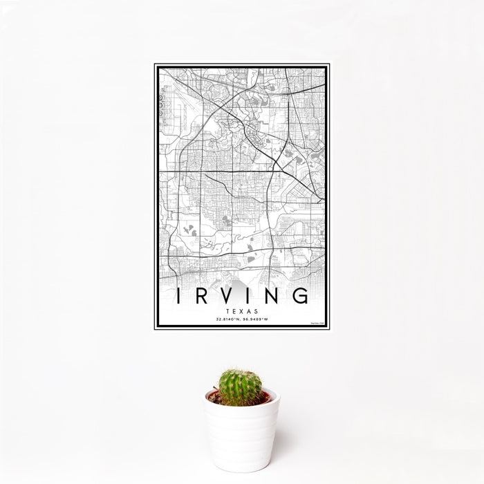 12x18 Irving Texas Map Print Portrait Orientation in Classic Style With Small Cactus Plant in White Planter
