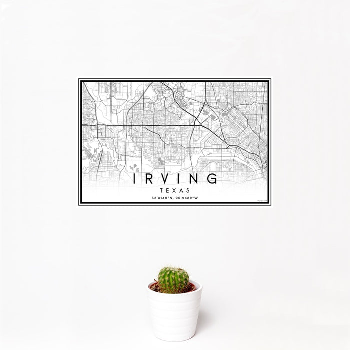 12x18 Irving Texas Map Print Landscape Orientation in Classic Style With Small Cactus Plant in White Planter