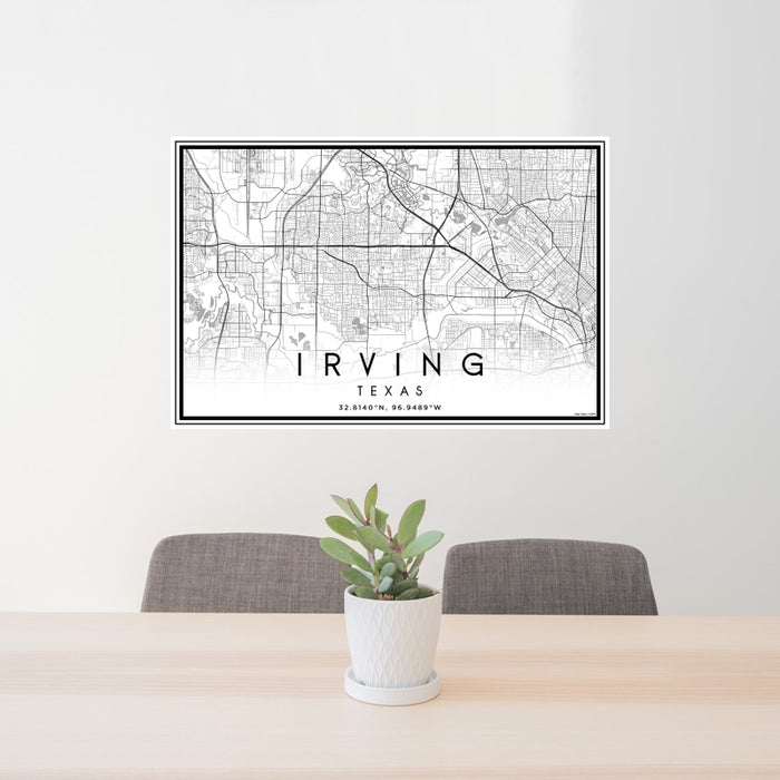 24x36 Irving Texas Map Print Landscape Orientation in Classic Style Behind 2 Chairs Table and Potted Plant