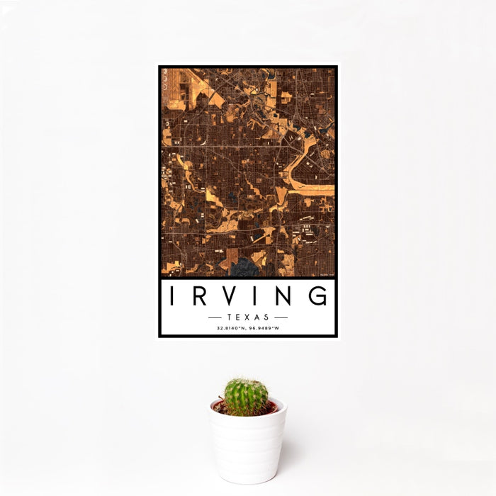 12x18 Irving Texas Map Print Portrait Orientation in Ember Style With Small Cactus Plant in White Planter