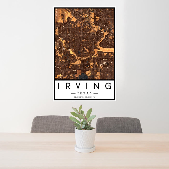 24x36 Irving Texas Map Print Portrait Orientation in Ember Style Behind 2 Chairs Table and Potted Plant