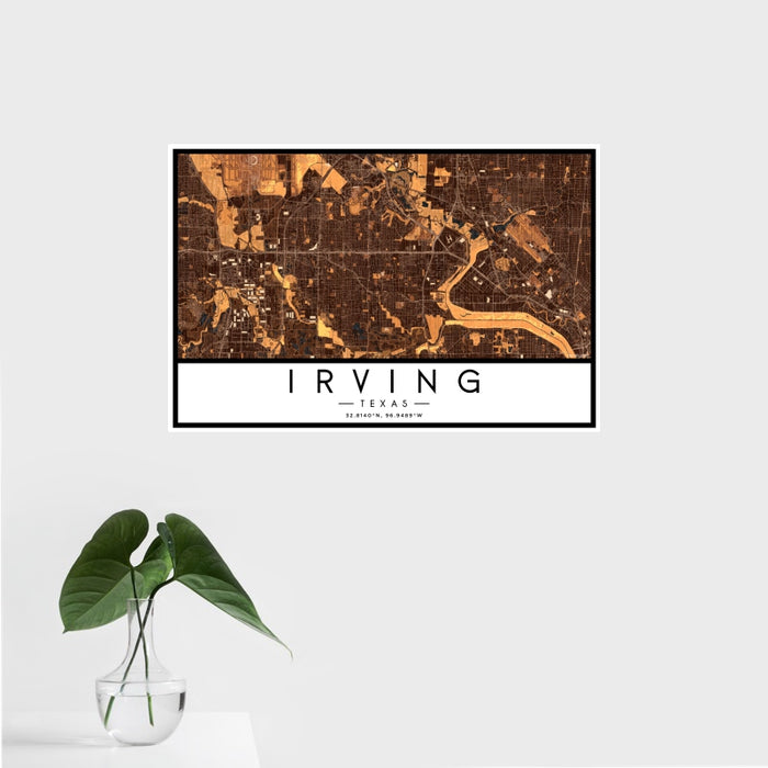 16x24 Irving Texas Map Print Landscape Orientation in Ember Style With Tropical Plant Leaves in Water