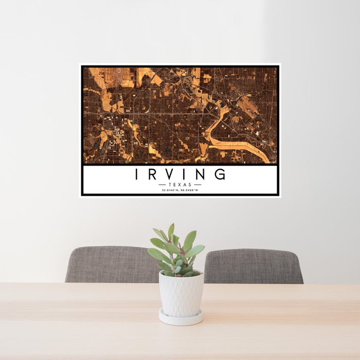 24x36 Irving Texas Map Print Landscape Orientation in Ember Style Behind 2 Chairs Table and Potted Plant