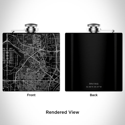 Rendered View of Irving Texas Map Engraving on 6oz Stainless Steel Flask in Black