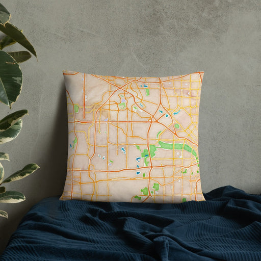 Custom Irving Texas Map Throw Pillow in Watercolor on Bedding Against Wall