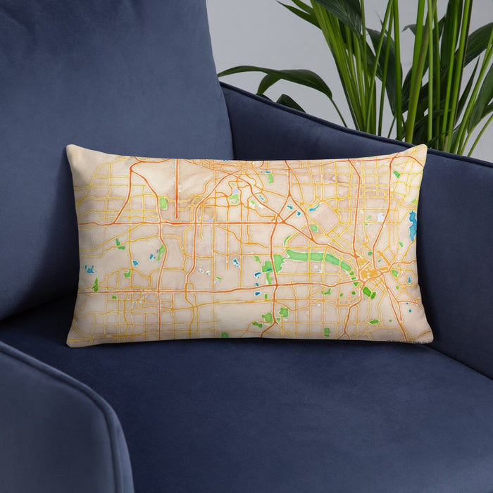 Custom Irving Texas Map Throw Pillow in Watercolor on Blue Colored Chair