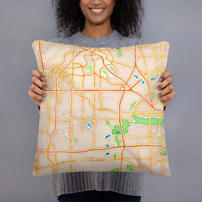 Person holding 18x18 Custom Irving Texas Map Throw Pillow in Watercolor