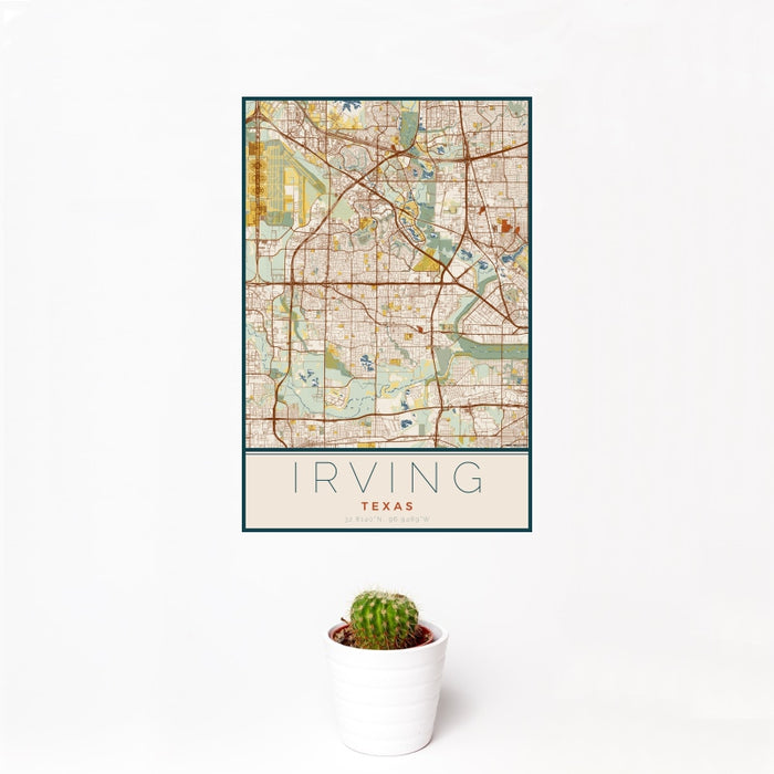 12x18 Irving Texas Map Print Portrait Orientation in Woodblock Style With Small Cactus Plant in White Planter