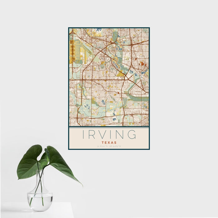 16x24 Irving Texas Map Print Portrait Orientation in Woodblock Style With Tropical Plant Leaves in Water