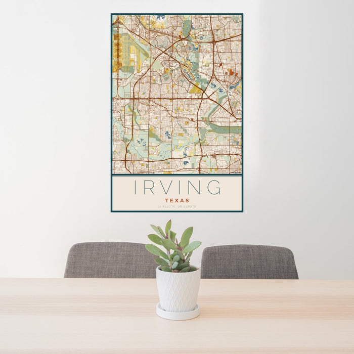 24x36 Irving Texas Map Print Portrait Orientation in Woodblock Style Behind 2 Chairs Table and Potted Plant