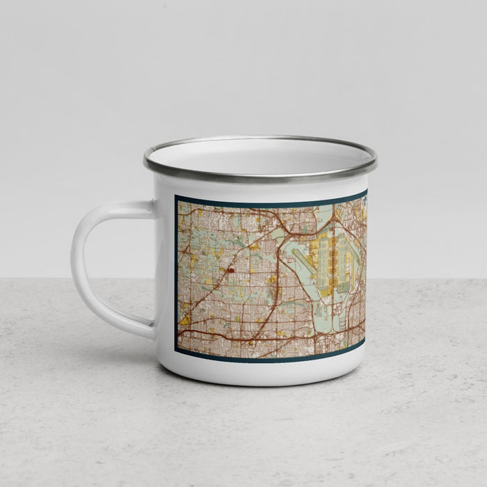 Left View Custom Irving Texas Map Enamel Mug in Woodblock