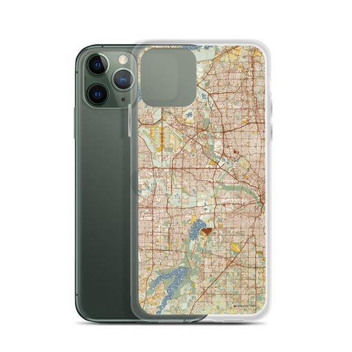 Custom Irving Texas Map Phone Case in Woodblock on Table with Laptop and Plant