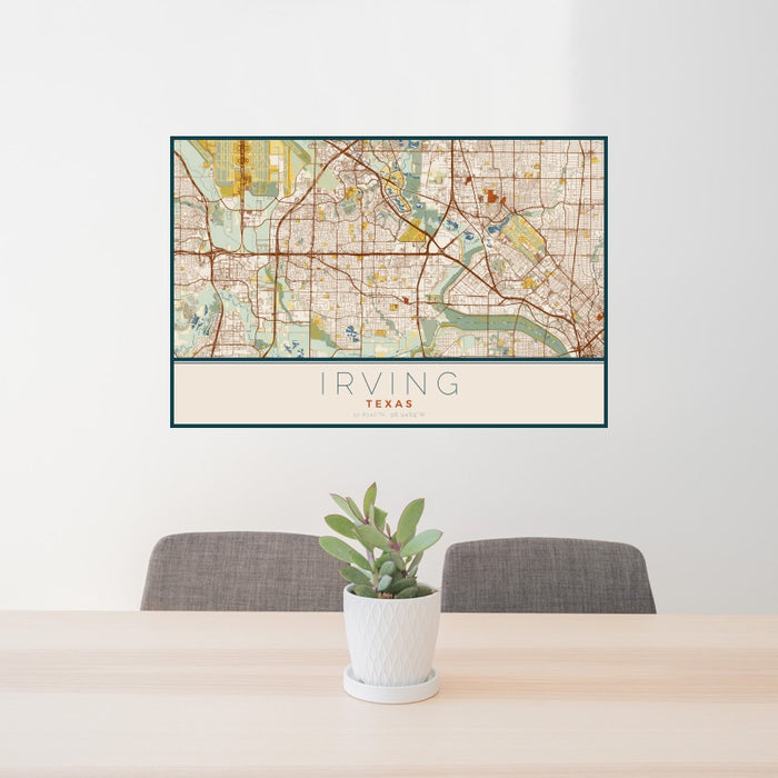 24x36 Irving Texas Map Print Landscape Orientation in Woodblock Style Behind 2 Chairs Table and Potted Plant