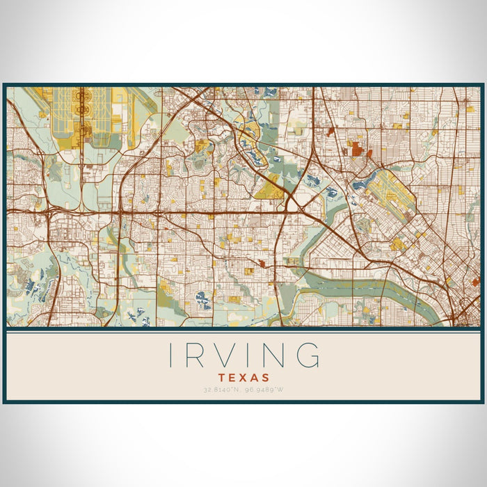 Irving Texas Map Print Landscape Orientation in Woodblock Style With Shaded Background