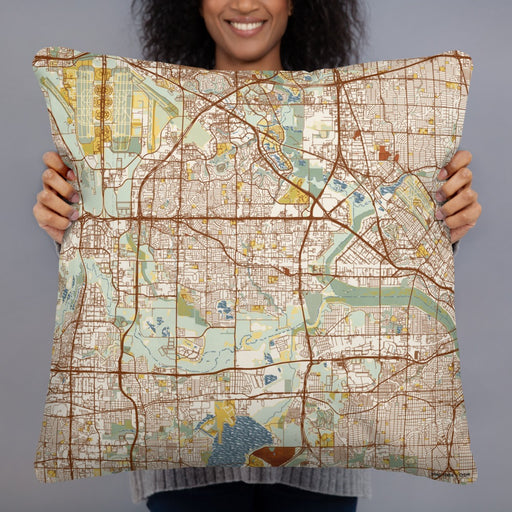 Person holding 22x22 Custom Irving Texas Map Throw Pillow in Woodblock