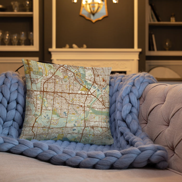 Custom Irving Texas Map Throw Pillow in Woodblock on Cream Colored Couch