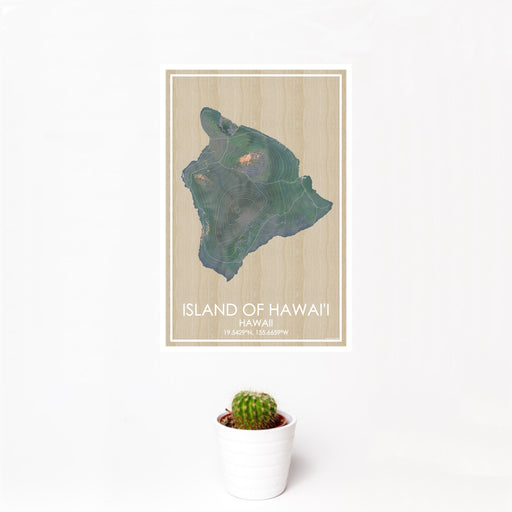 12x18 Island of Hawai'i Hawaii Map Print Portrait Orientation in Afternoon Style With Small Cactus Plant in White Planter