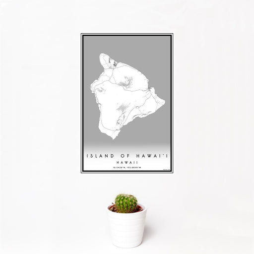 12x18 Island of Hawai'i Hawaii Map Print Portrait Orientation in Classic Style With Small Cactus Plant in White Planter