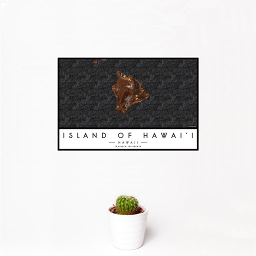 12x18 Island of Hawai'i Hawaii Map Print Landscape Orientation in Ember Style With Small Cactus Plant in White Planter