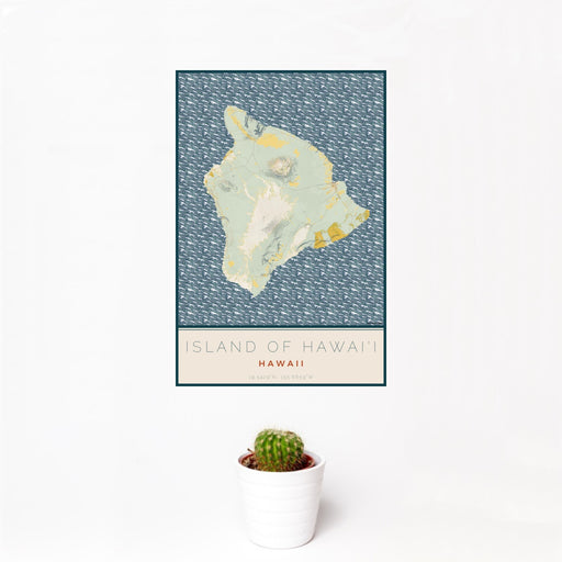 12x18 Island of Hawai'i Hawaii Map Print Portrait Orientation in Woodblock Style With Small Cactus Plant in White Planter