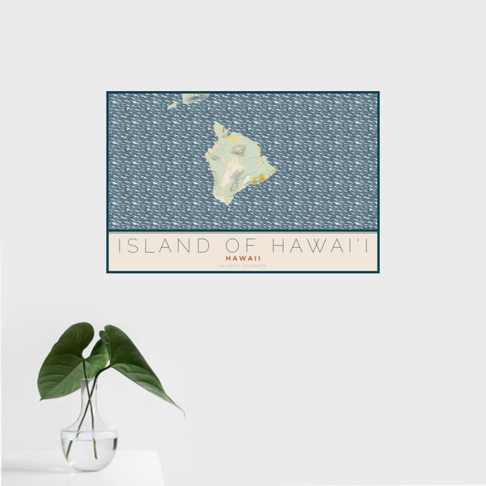 16x24 Island of Hawai'i Hawaii Map Print Landscape Orientation in Woodblock Style With Tropical Plant Leaves in Water