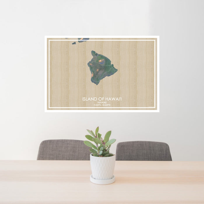 24x36 Island of Hawai'i Hawaii Map Print Lanscape Orientation in Afternoon Style Behind 2 Chairs Table and Potted Plant