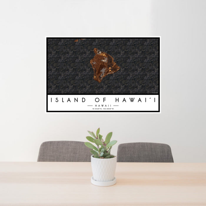 24x36 Island of Hawai'i Hawaii Map Print Lanscape Orientation in Ember Style Behind 2 Chairs Table and Potted Plant