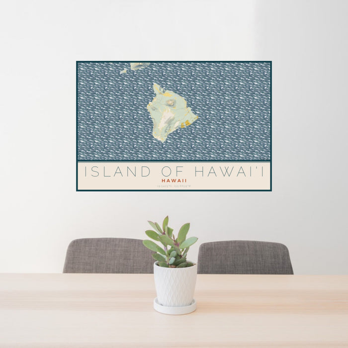 24x36 Island of Hawai'i Hawaii Map Print Lanscape Orientation in Woodblock Style Behind 2 Chairs Table and Potted Plant