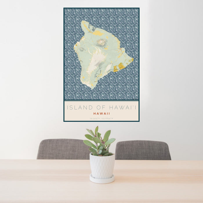 24x36 Island of Hawai'i Hawaii Map Print Portrait Orientation in Woodblock Style Behind 2 Chairs Table and Potted Plant