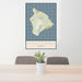 24x36 Island of Hawai'i Hawaii Map Print Portrait Orientation in Woodblock Style Behind 2 Chairs Table and Potted Plant