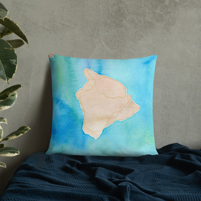 Custom Island of Hawai'i Hawaii Map Throw Pillow in Watercolor on Bedding Against Wall