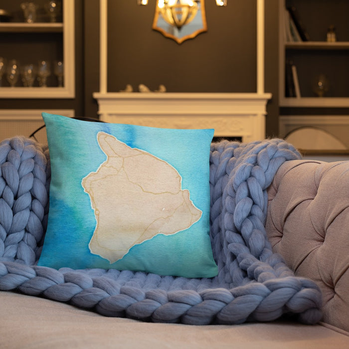 Custom Island of Hawai'i Hawaii Map Throw Pillow in Watercolor on Cream Colored Couch